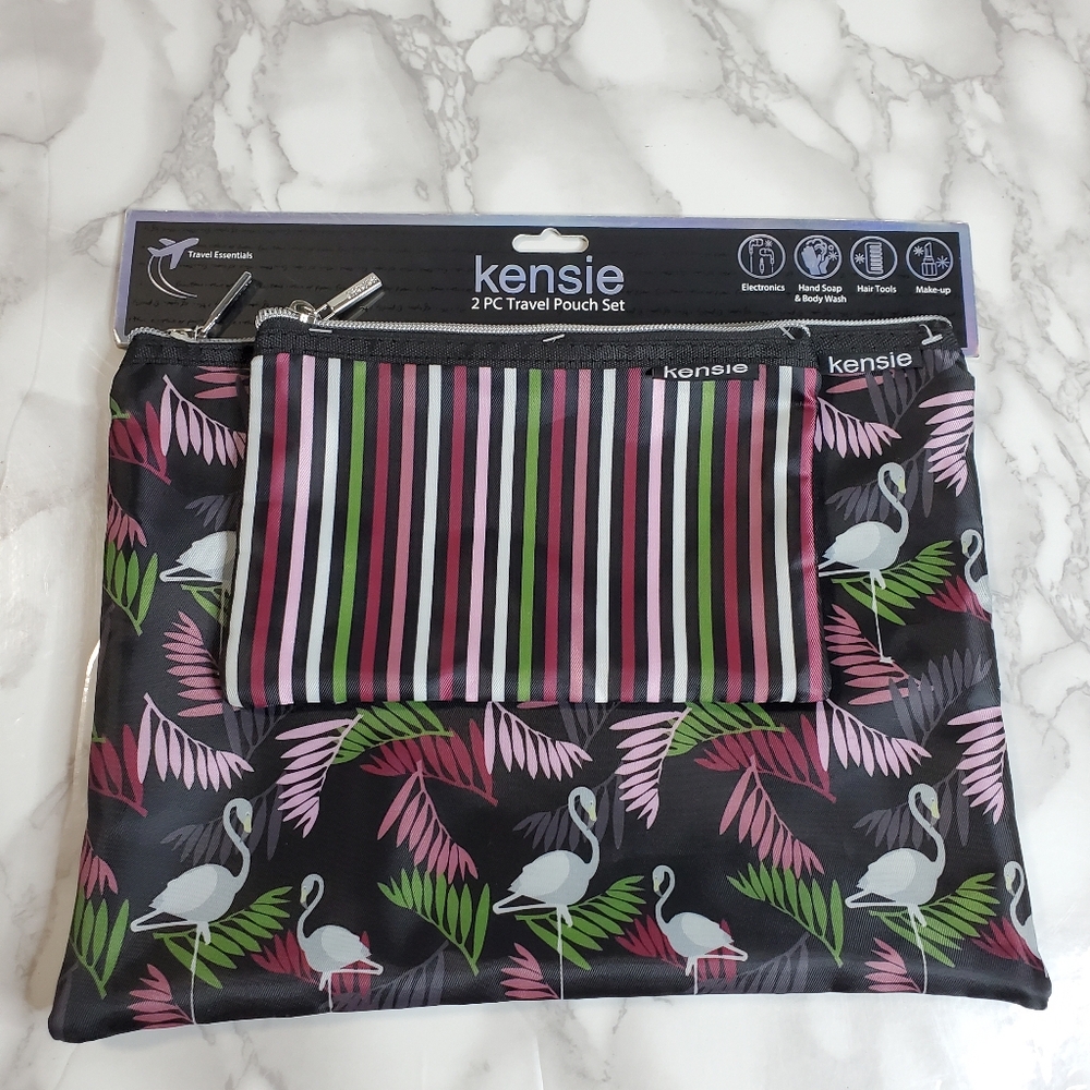 Kensie 2-Piece Travel Pouch Set with Flamingos and Stripe Design